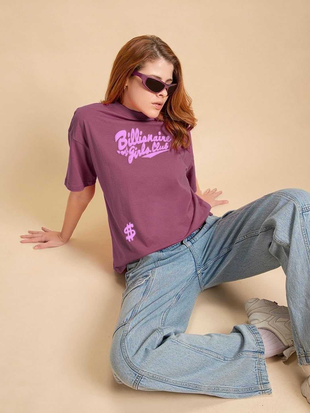 Bewakoof Womens Billionaire Girls Graphic Printed 100% Cotton T-Shirt - Oversized Fit, Round Neck, Half Sleeves_605543_Purple_X