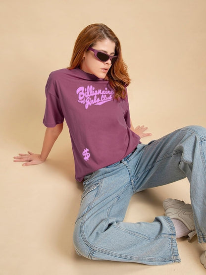 Bewakoof Womens Billionaire Girls Graphic Printed 100% Cotton T-Shirt - Oversized Fit, Round Neck, Half Sleeves_605543_Purple_X