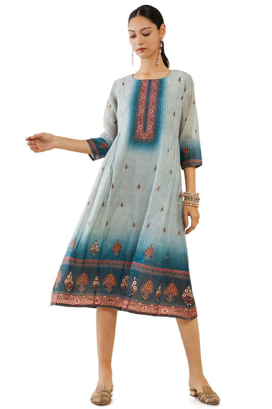 Soch Women Grey Chanderi Striped Kurta