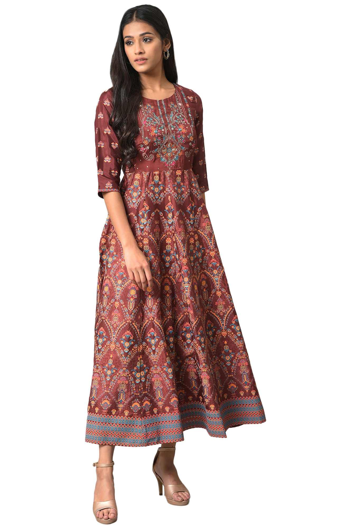 W For Woman Dark Brown Floral Printed Embroidered Glitter A-Line Dress