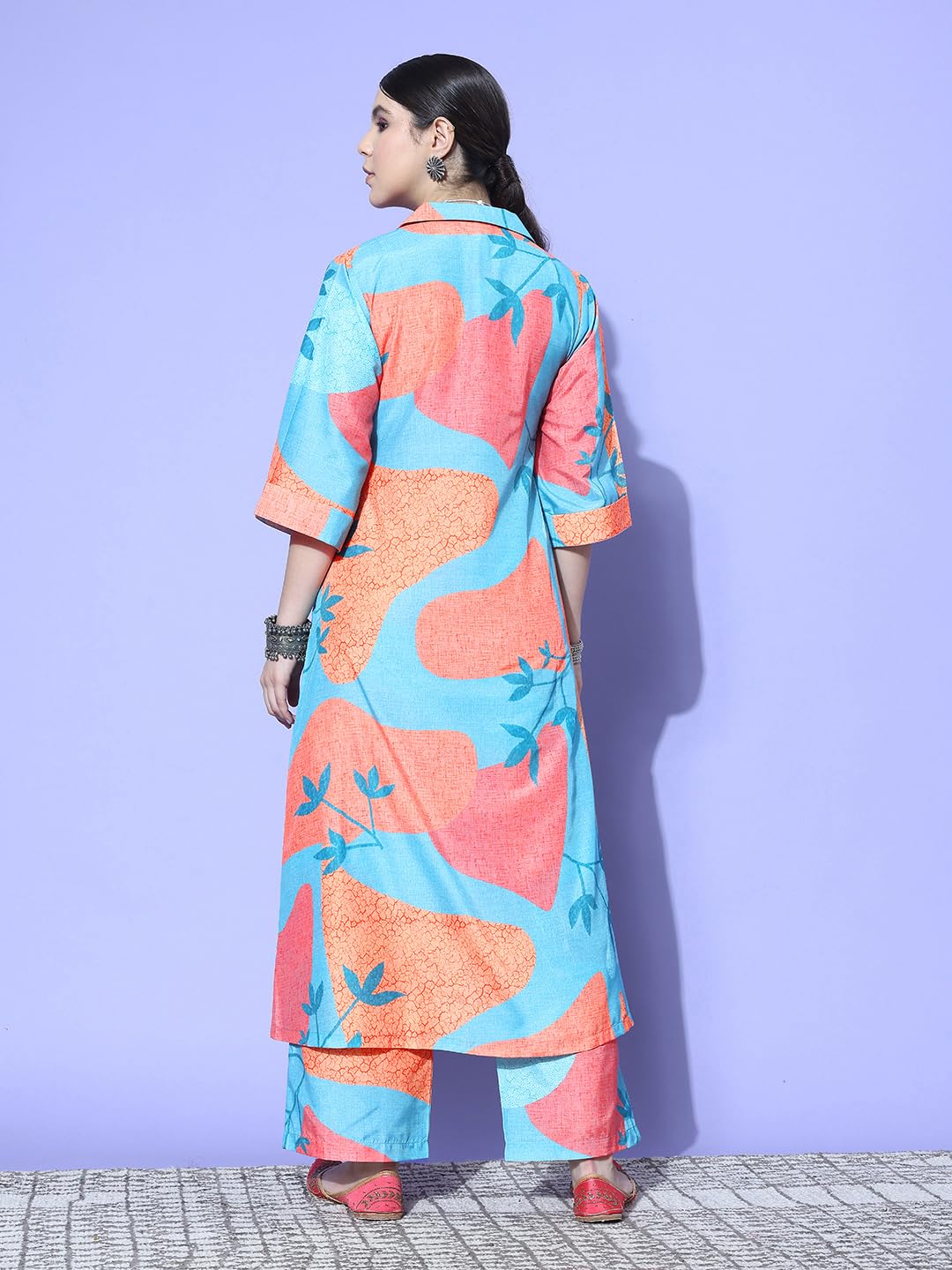 Varanga Women Blue and Rust Abstract Printed Shirt Collar A-Line Kurta Paired with Tonal Bottom