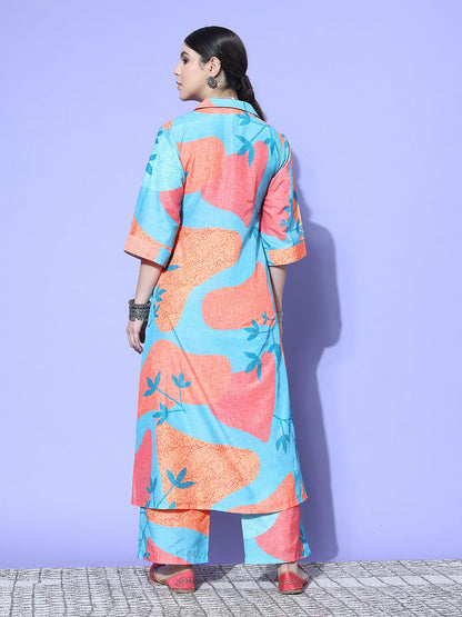 Varanga Women Blue and Rust Abstract Printed Shirt Collar A-Line Kurta Paired with Tonal Bottom