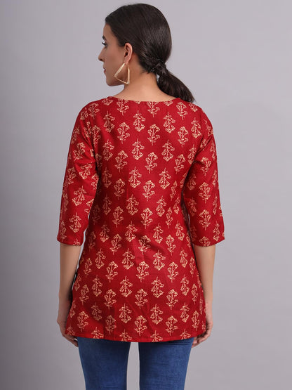 Patlani WomenS Cotton Printed Short Fullstitched Kurti/Kurtas. Maroon