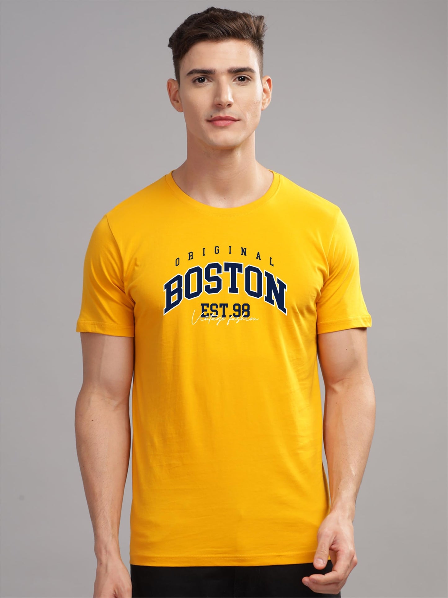 ADRO Mens Printed T Shirt - Premium Cotton Graphic Printed Tshirt - Mustard T-Shirt - RN24-BOST-MU