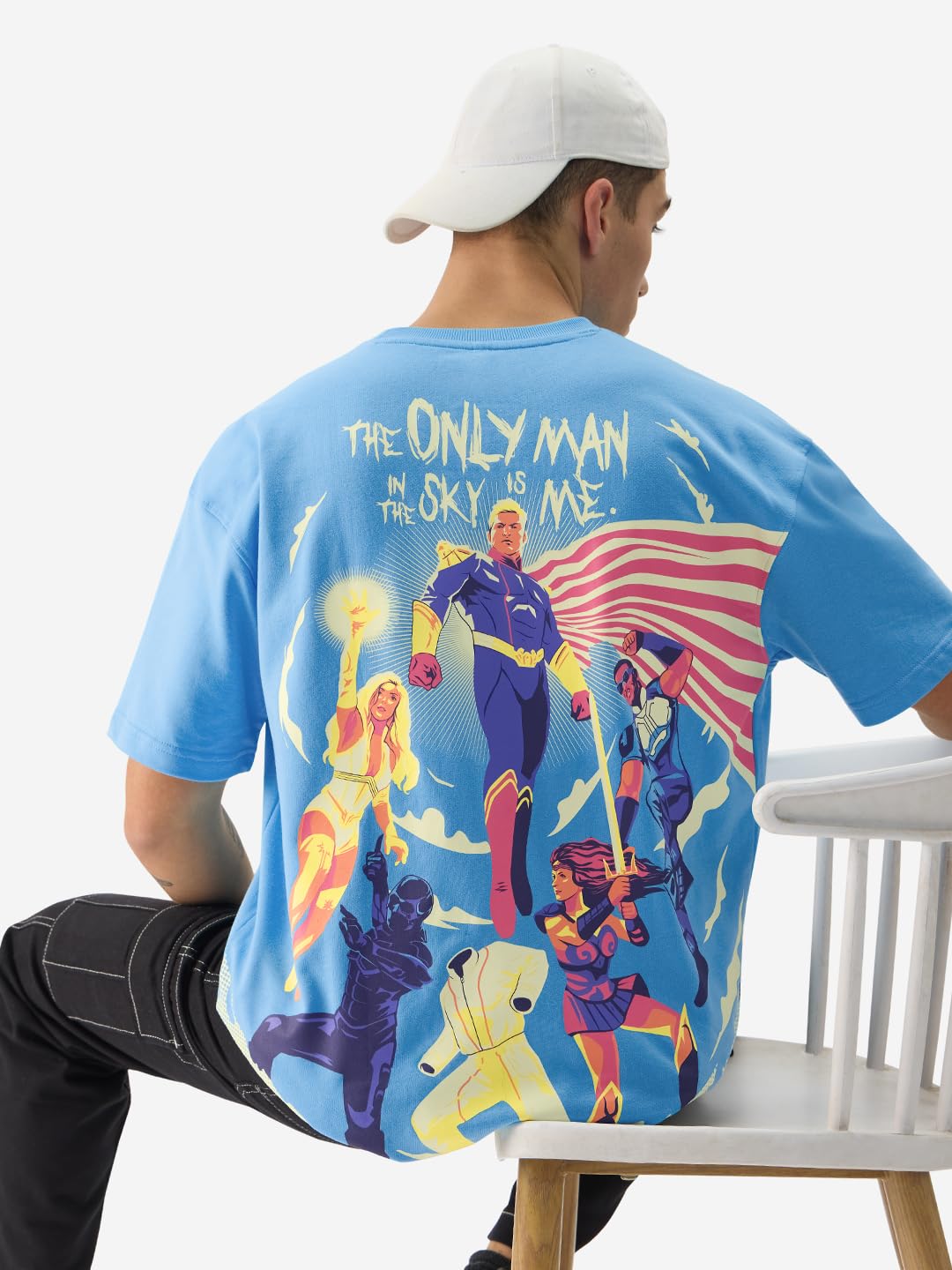 The Souled Store Official The Boys: Only Man in The Sky Short Sleeve Round Neck Blue Graphic Printed Cotton Oversized T-Shirts f