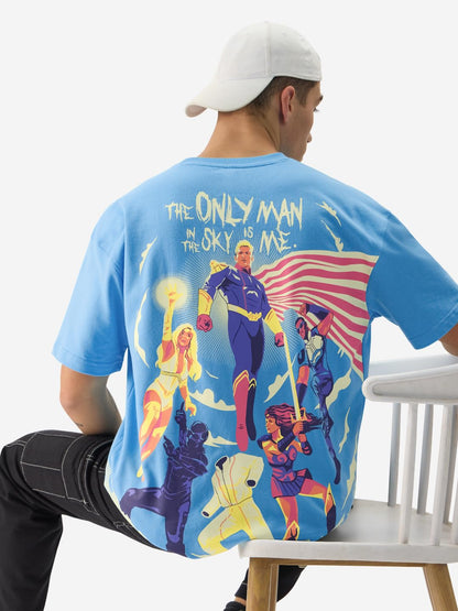 The Souled Store Official The Boys: Only Man in The Sky Short Sleeve Round Neck Blue Graphic Printed Cotton Oversized T-Shirts f