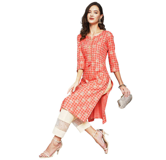 anubhutee Women's Rayon Orange Foil Print Floral Printed Straight Kurta