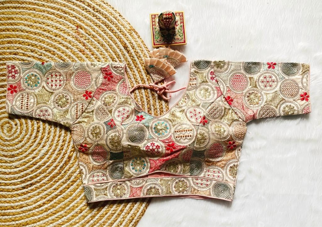 Vihu Fashion WomenS Blouse Readymade Blouse Embroidery Multi Coding Gold Thread Blouses Handwork Baby Pink Color Readymade Sare