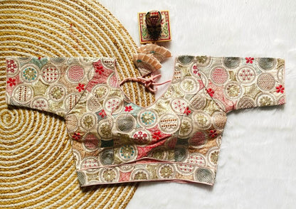 Vihu Fashion WomenS Blouse Readymade Blouse Embroidery Multi Coding Gold Thread Blouses Handwork Baby Pink Color Readymade Sare