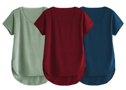 Fabricorn Combo Of Three Plain Maroon, Sage Green And Airforce Blue V-Neck Up And Down Cotton Tshirt For Women (Maroon, Sage Gre