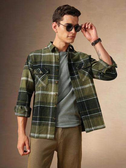Dennis Lingo Men Flannel Check 100% Cotton Relaxed Fit Full Sleeves Shirts Olive
