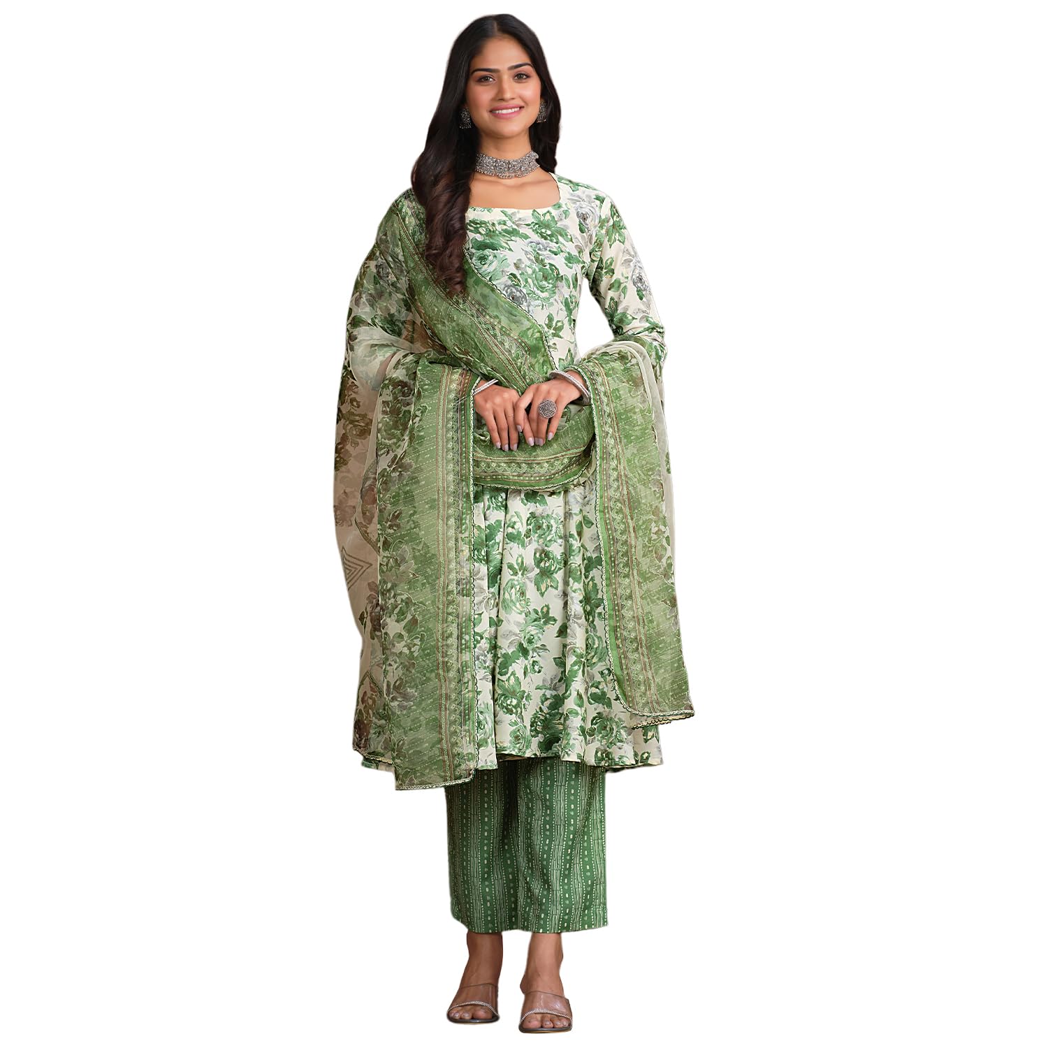 ishin Women'S Ethnic Green Floral Print Cotton Blend Kurta Set With Dupatta