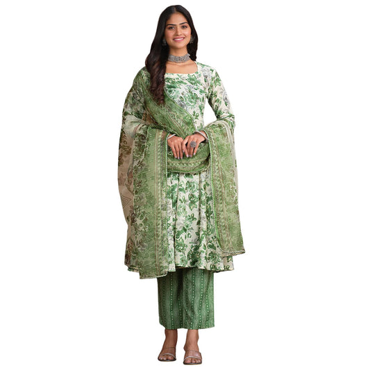 ishin Women'S Ethnic Green Floral Print Cotton Blend Kurta Set With Dupatta
