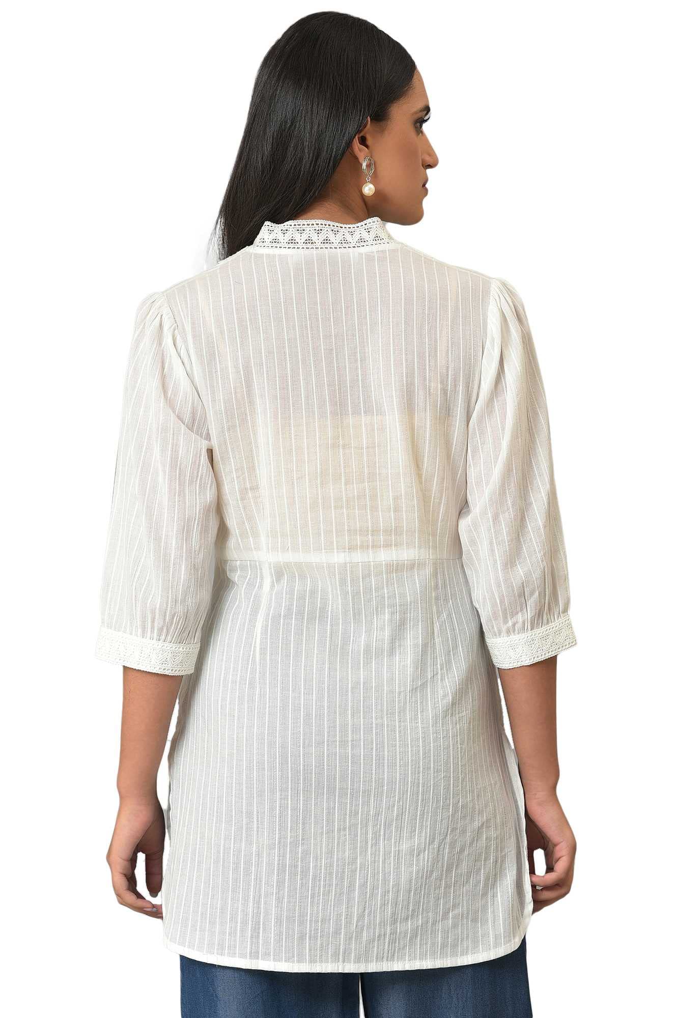 Aurelia Womens Solid Regular White Striped Cotton V-Neck Kurti (23FEA30336-605281