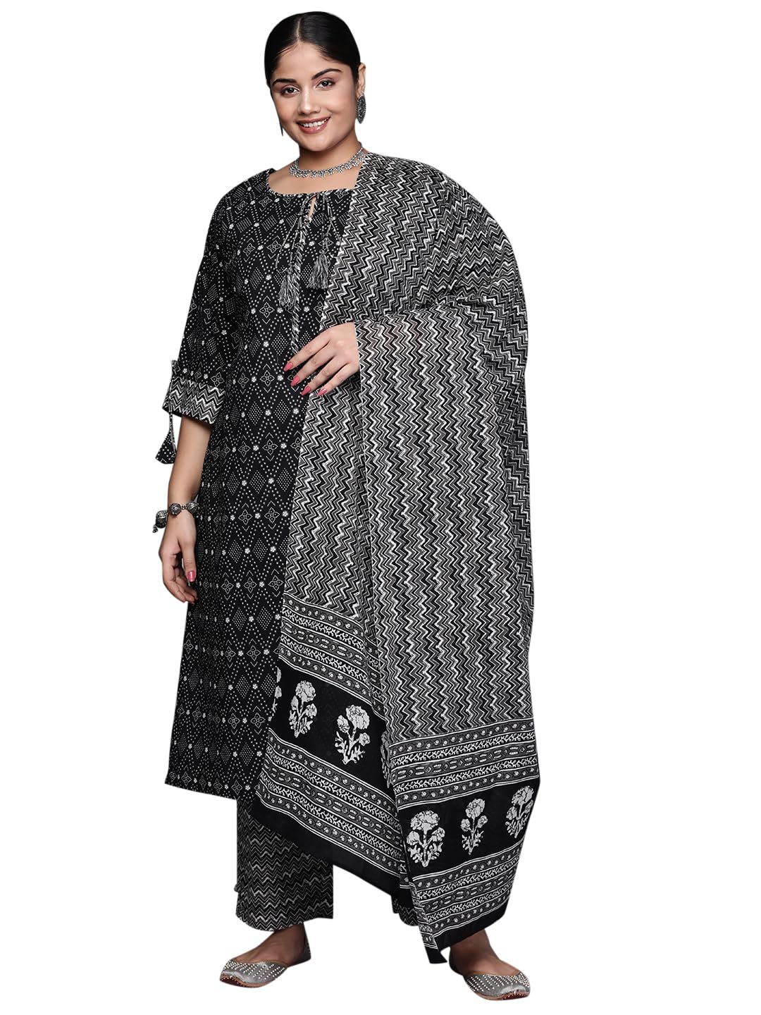 Extra Love By Libas Plus Size Womens Printed Cotton Straight Kurta With Trousers And Dupatta