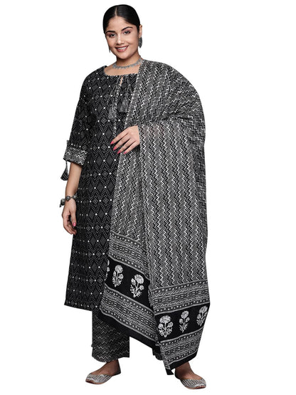 Extra Love By Libas Plus Size Womens Printed Cotton Straight Kurta With Trousers And Dupatta