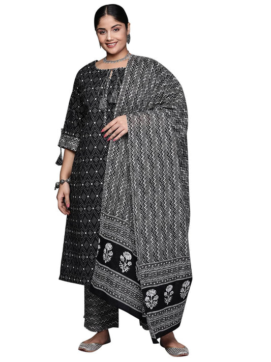 Extra Love By Libas Plus Size Womens Printed Cotton Straight Kurta With Trousers And Dupatta