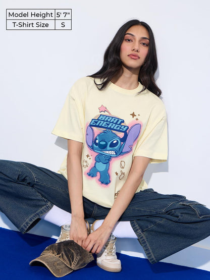 The Souled Store Lilo & Stitch: Brat Energy Women and Girls Short Sleeves Round Neck Off White Graphic Printed Cotton Oversized