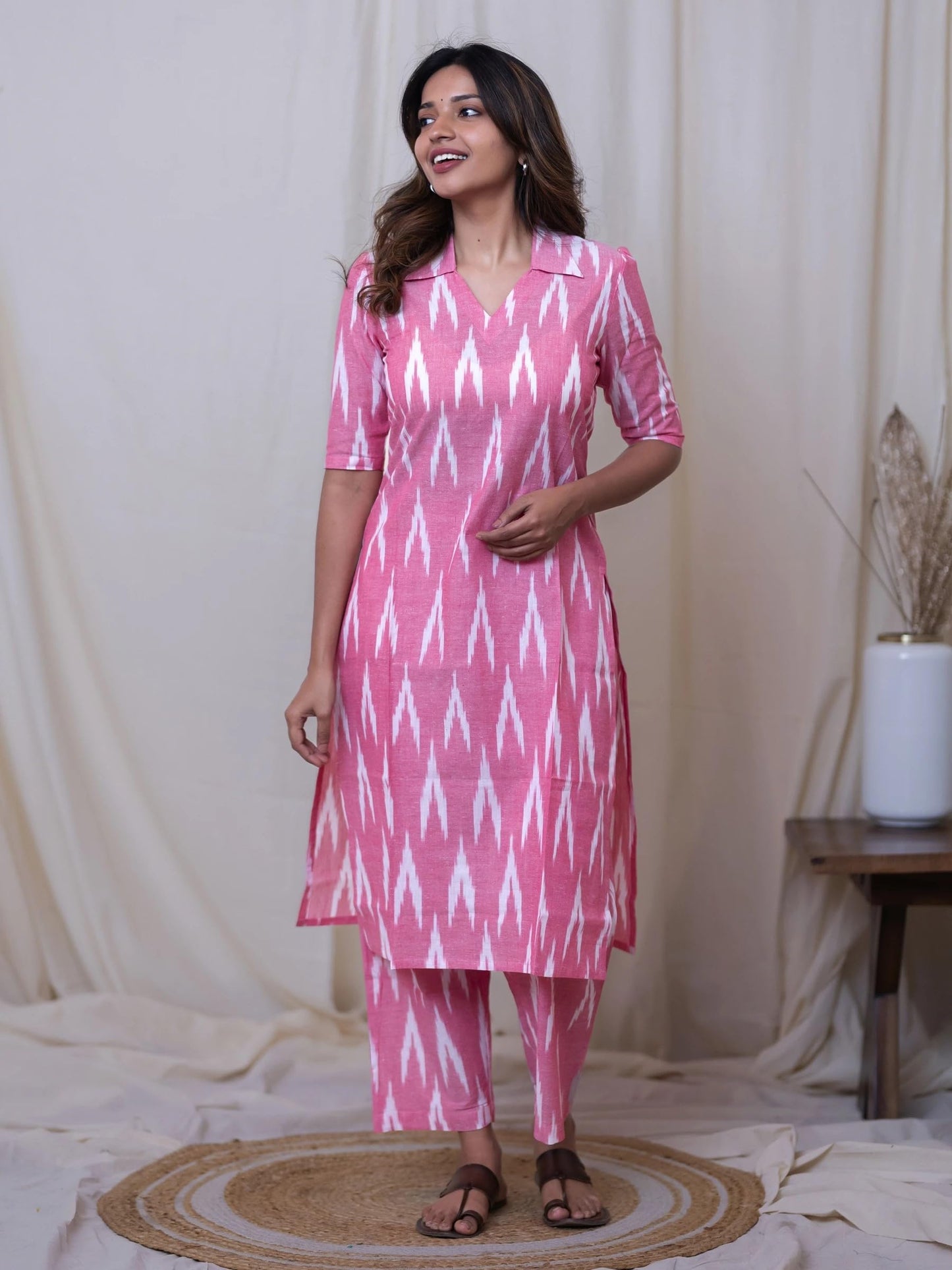 GoSriKi Ikkat Printed Viscose Rayon Kurta with Pants for Women, Large, Pink, Model: DEMETER PINK-VKS01-GS