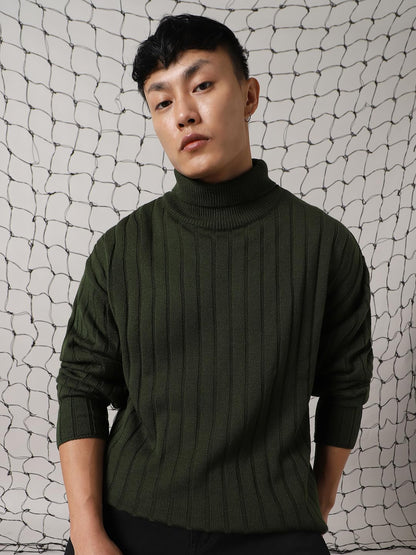 Hubberholme Men Acrylic Knitted Oversized Fit Turtle Neck Full Sleeves Sweaters 2 Olive