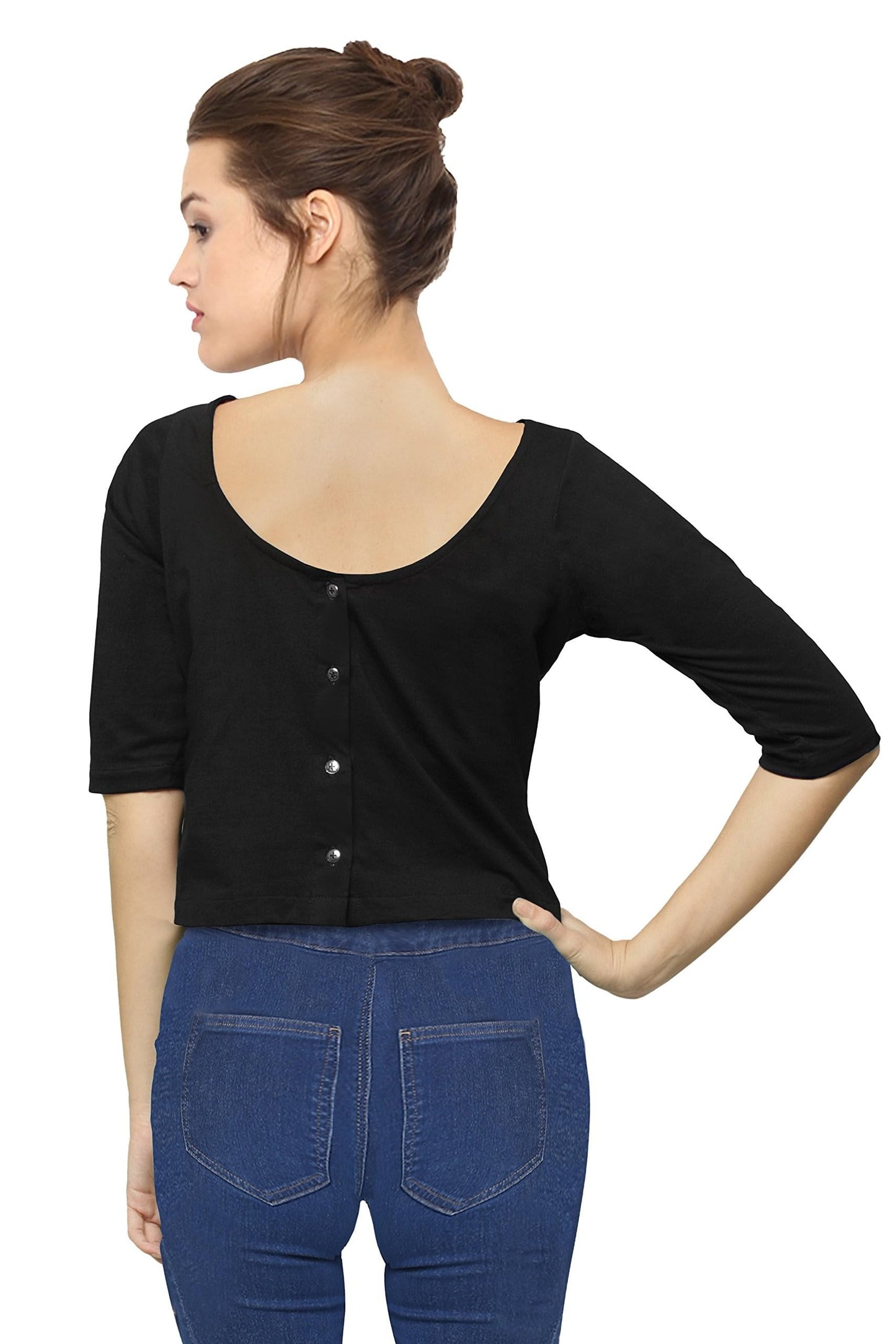 Miss Chase WomenS Black Boat Neck Half Sleeves Casual Buttoned Crop Top (Mcaw14Tp01-55-62-03-Black-S)