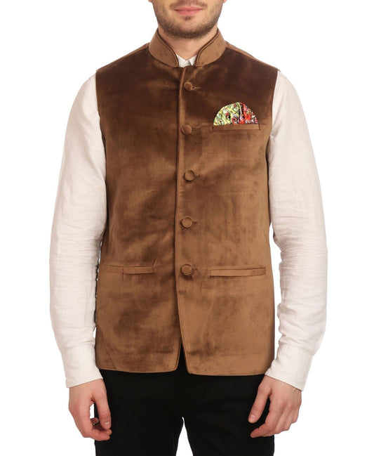 WINTAGE Mens Velvet Grandad Collar Party Camel Nehru Vest Waistcoat