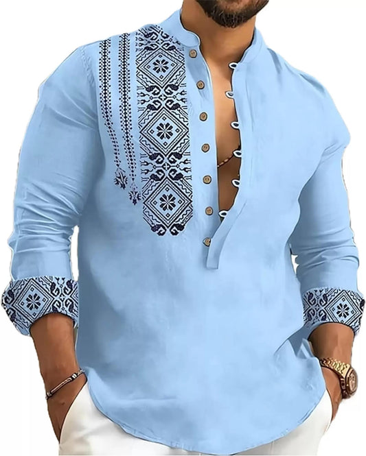 Deemoon MenS Cotton Blend Mandarin Collar Self One Design Full Sleeve Casual Short Kurta Light Blue