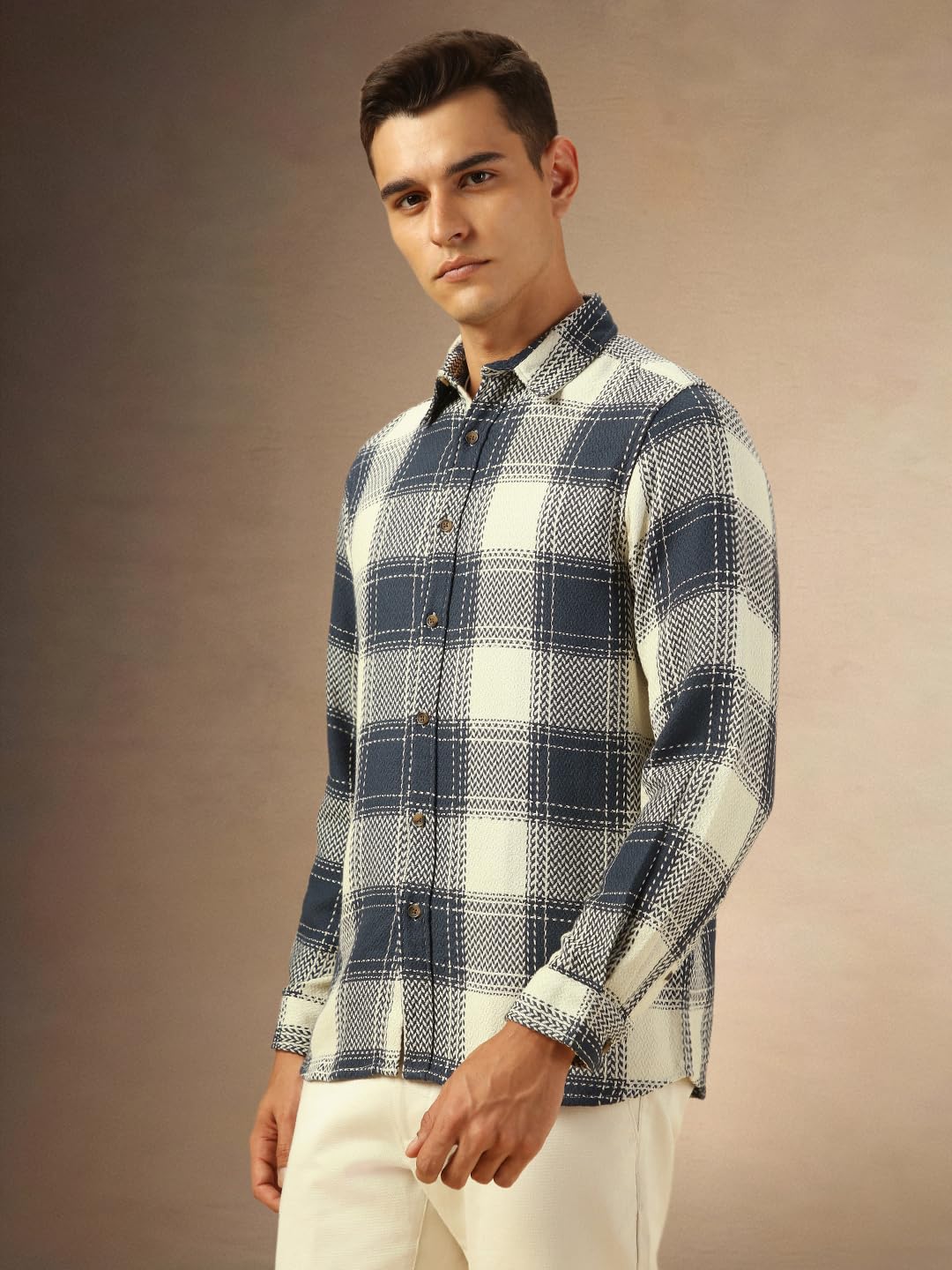 Dennis Lingo Men Relaxed Fit Cotton Checks Full-Sleeves Spread Collar Flannel Shirt Shirt Navy Blue