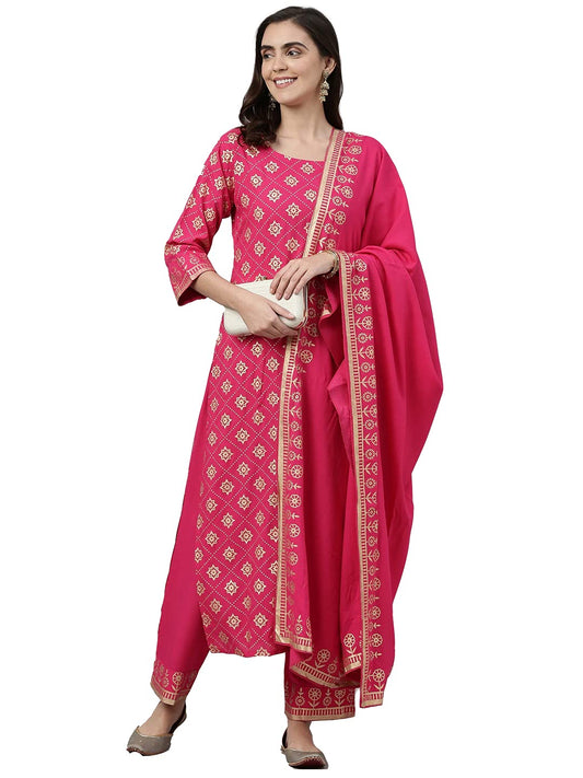 Gosriki WomenS Cotton Blend Kurta With Palazzo & Dupatta (Navlik-Pink_S-Go_Pink_Small)