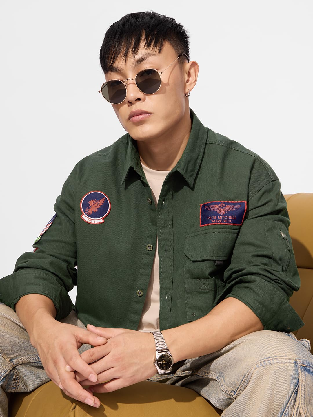 The Souled Store Official Top Gun: Flight Crew Men and Boys Long Sleeves Collared Neck Button Front Green Patch Embroidery Regul