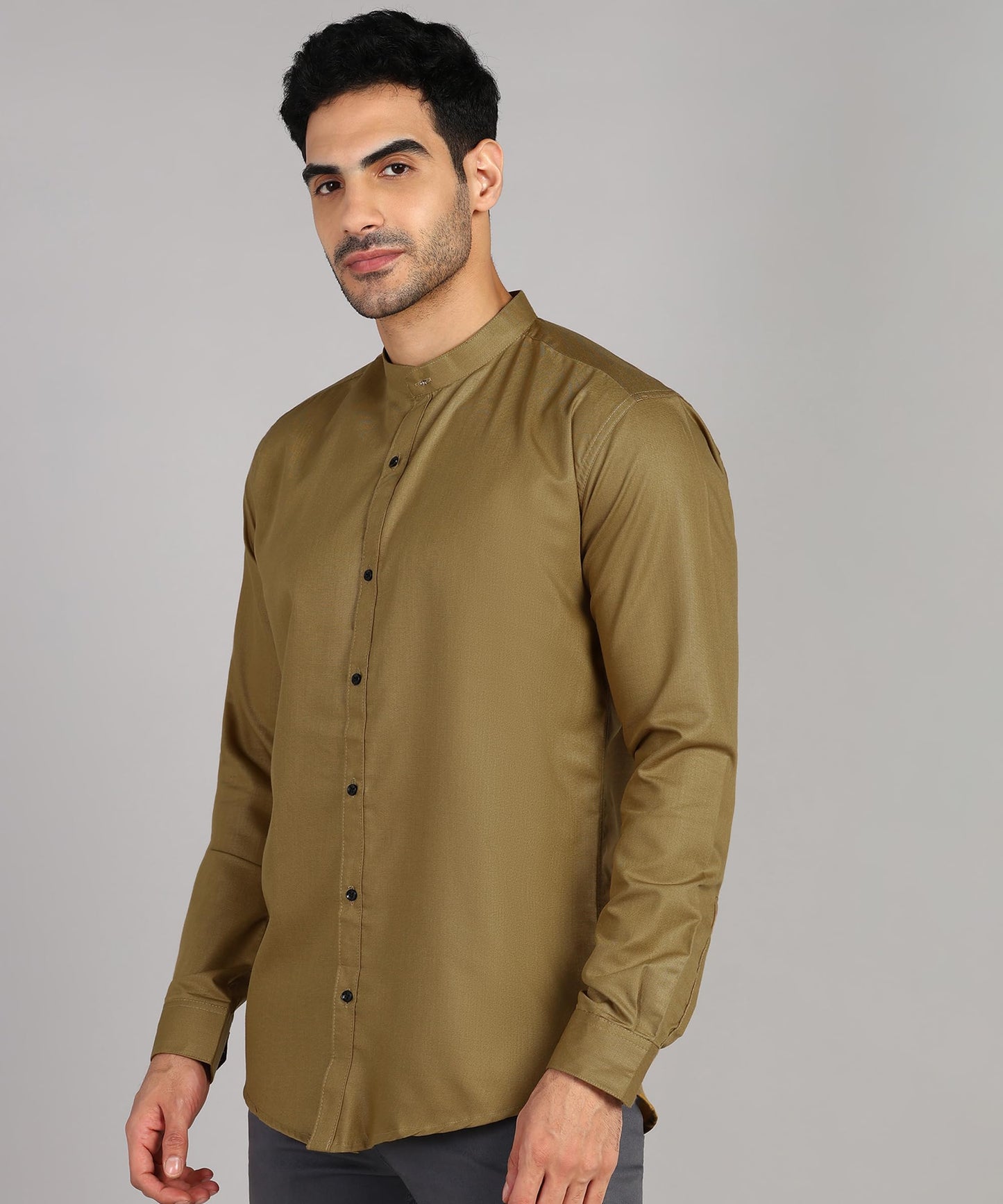 Mildin MenS Regular Cotton Blend Brown Slim Fit Solid Button Down Mandarin Chinese Collar Full Sleeve Curved Hemline Casual Shi