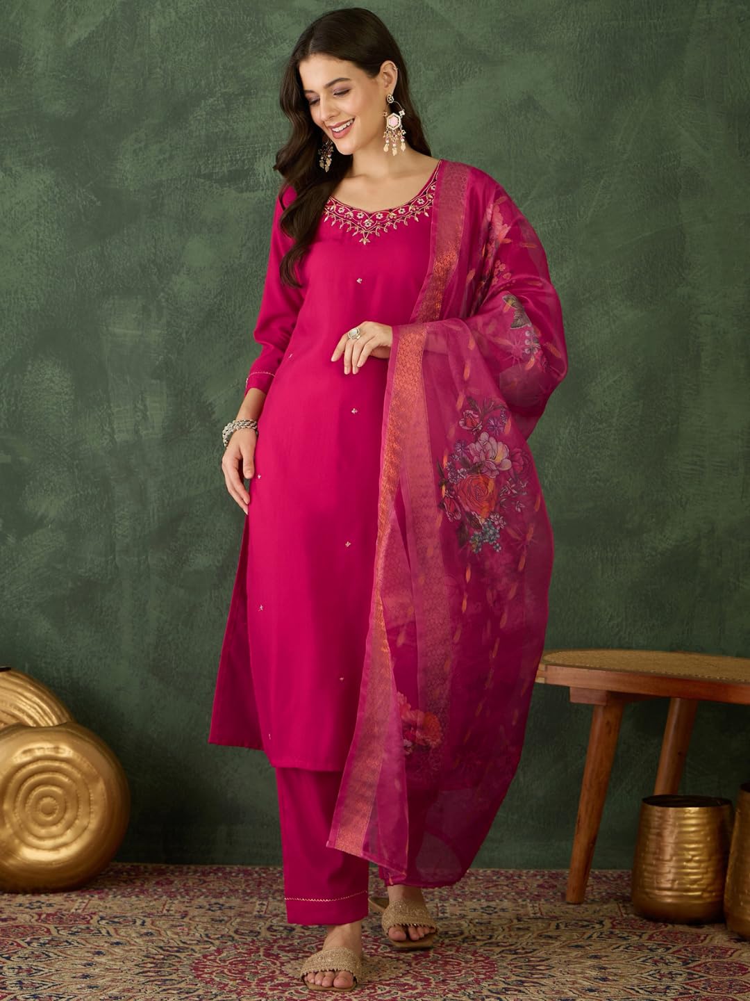 Naixa WomenS Red Rayon Slub Embroidered Straight Kurta With Rayon Slub Pant And Jacquard Jacquard With Digital Print Dupatta Se