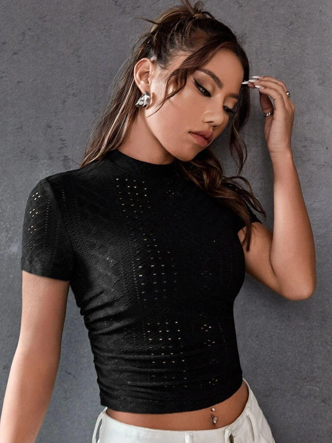 Sugathari Girls & Womens Black Casual Semitransparent Cropped High-Neck Lace Trim Ladies T-Shirt, Short Sleeve Schiffli Crop T