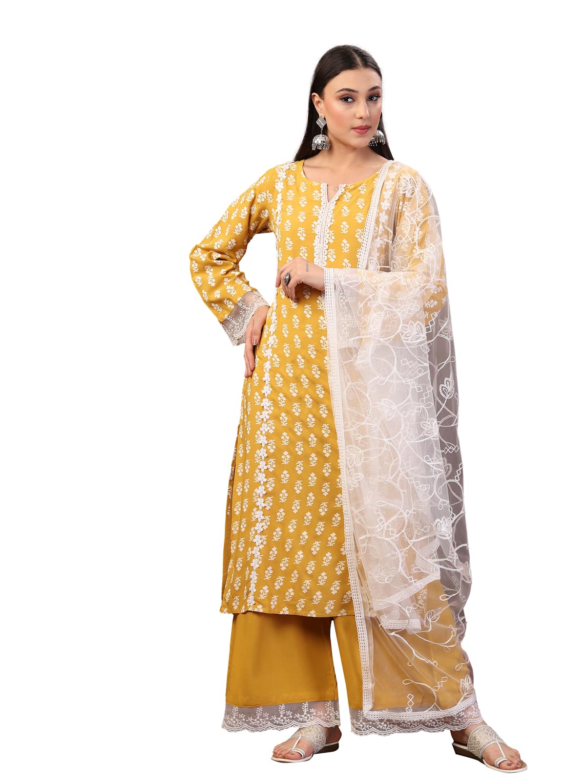 Stylum Womens Floral Printed Rayon Straight Kurta Palazzo Dupatta Set