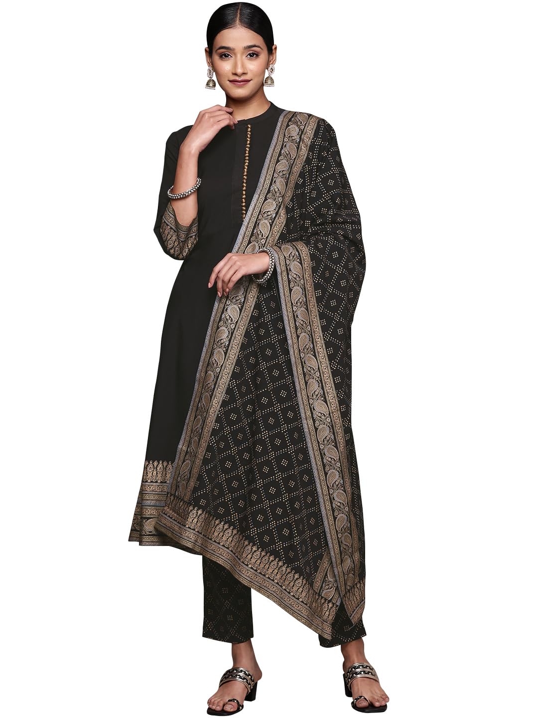 ZIYAA Women's Black Crepe Kurta with Pant and Dupatta Set