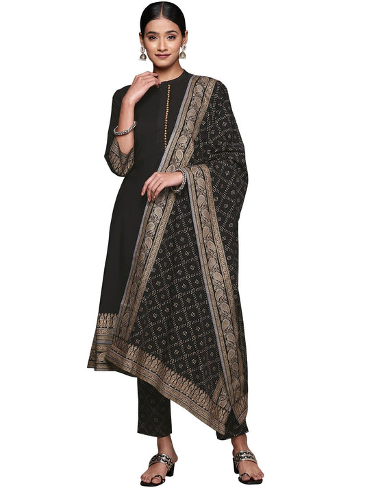 ZIYAA Women's Black Crepe Kurta with Pant and Dupatta Set