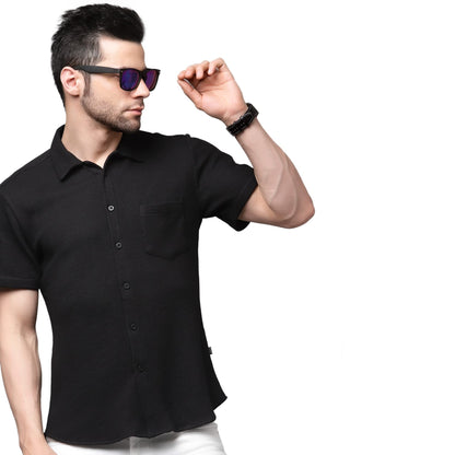 Rigo Waffle Knit Self-Textured Slim Fit Shirt for Mens | Half Sleeve Shirt for Men | Summer Shirts for Men Black