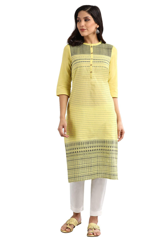 Aurelia Women's Cotton Yellow Floral Mandarin Collar Straight Kurta