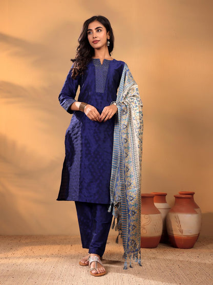 Varanga WomenS Navy Blue Ethnic Kurta Set - Straight Fit Dobby Textured Kurta With Zari Couching, Calf-Length Trouser & Floral