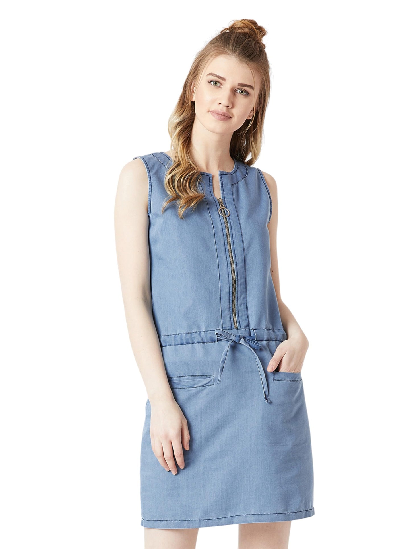 Miss Chase Womens Round Neck Sleeveless Denim Mini Shift Dress (MCSS25DEN68-59-350-06, Baby Blue, XL)