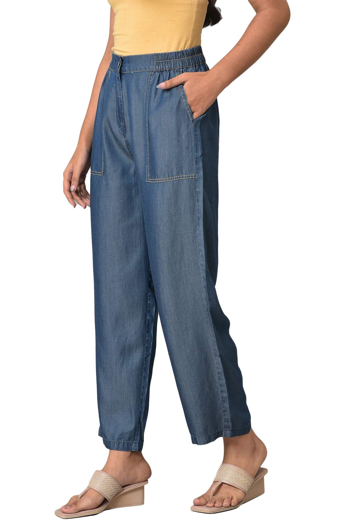 Aurelia Blue Solid Lyocell Parallel Trousers for Womens Ethnic Bottomwear