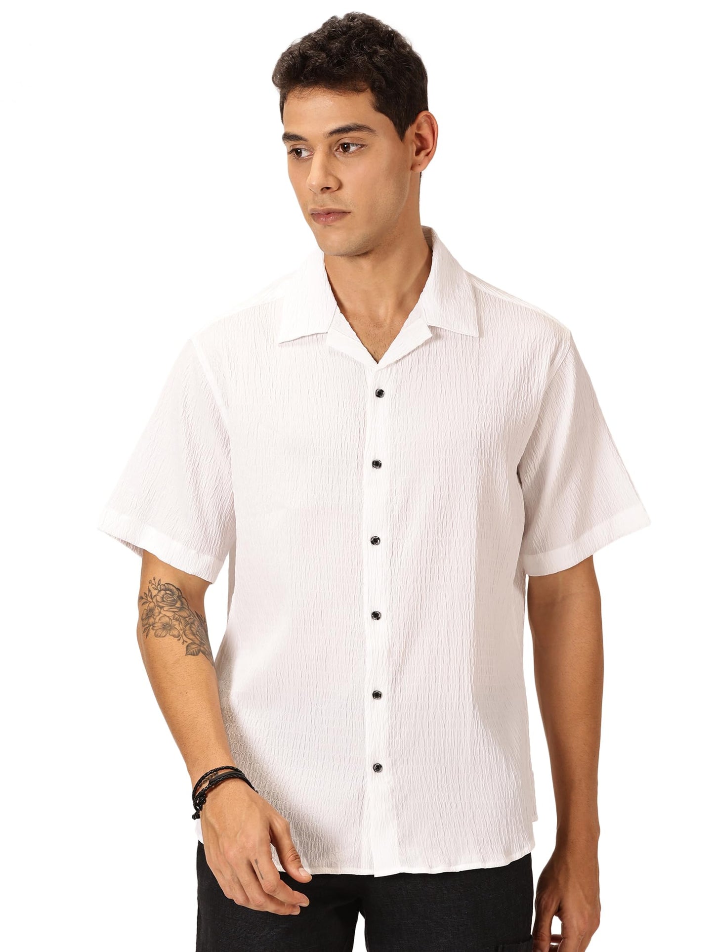 Thomas Scott Regular Fit Self Design Textured Cuban Collar Casual Shirt for Mens White