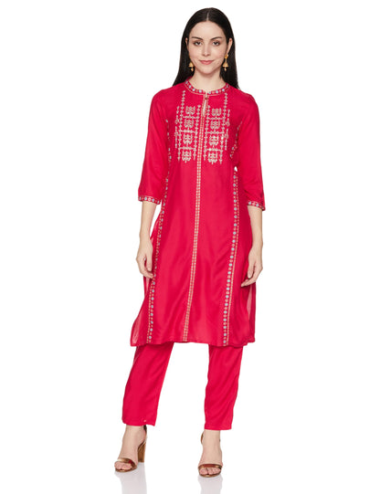 W For Woman Purple Embroidered Straight Kurta And Straight Pants Set
