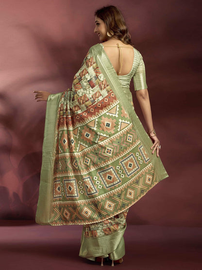 Satrani WomenS Dola Silk Weaving Border Printed Ready To Wear One Minute Pre Stitched Saree With Unstitched Blouse Piece (64Rs1