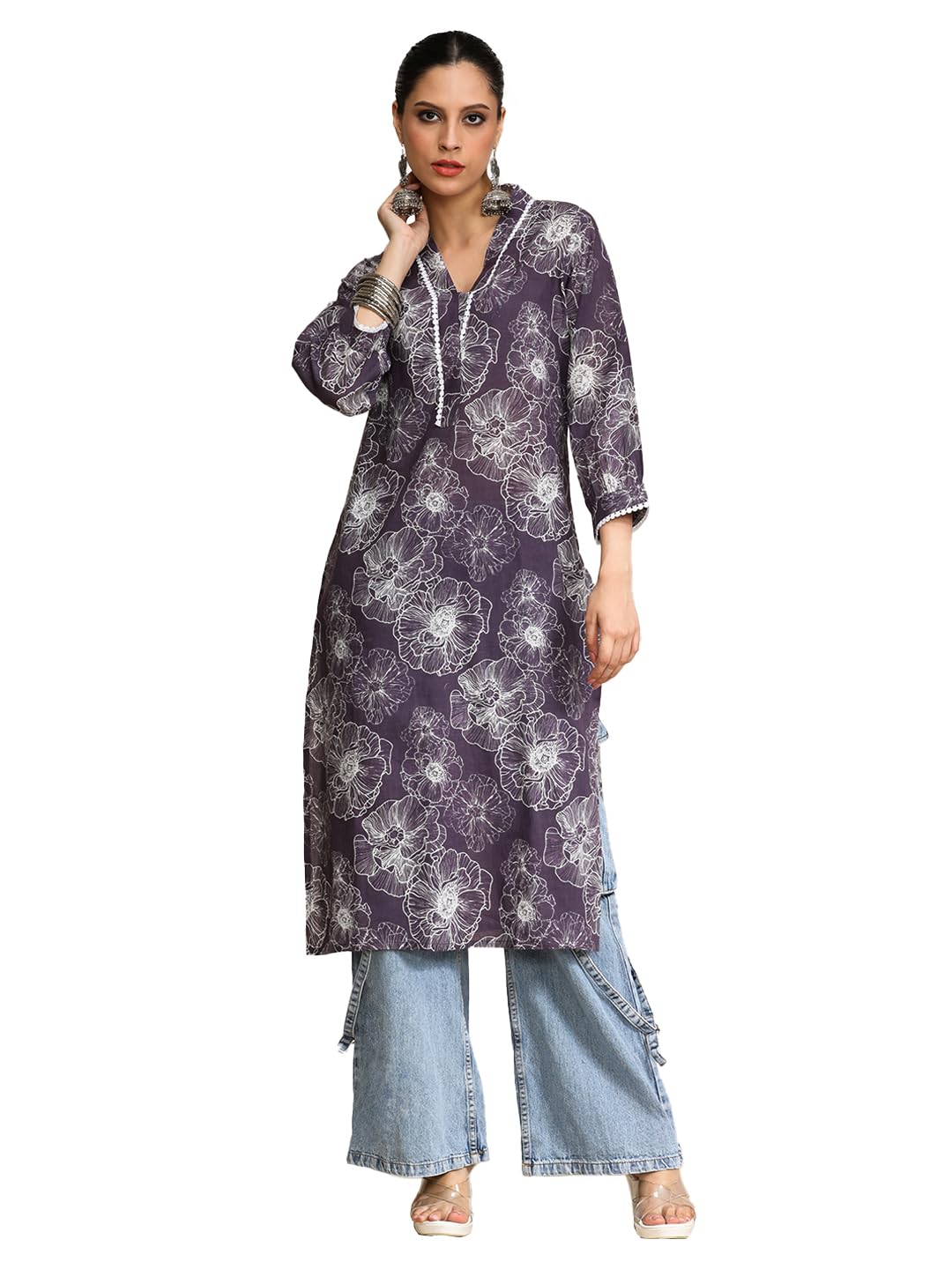 Varanga V Neck Kurta With Lace Detailing And Big Floral Print Purple
