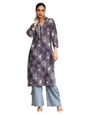 Varanga V Neck Kurta With Lace Detailing And Big Floral Print Purple