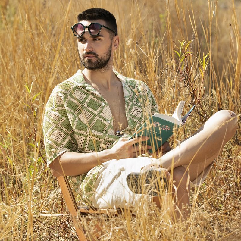 Campus Sutra Mens Grass Green & Pale Yellow Geometric Block Oversized Shirt for Casual Wear | Spread Collar | Short Sleeve | Bu