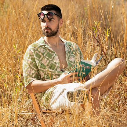 Campus Sutra Mens Grass Green & Pale Yellow Geometric Block Oversized Shirt for Casual Wear | Spread Collar | Short Sleeve | Bu