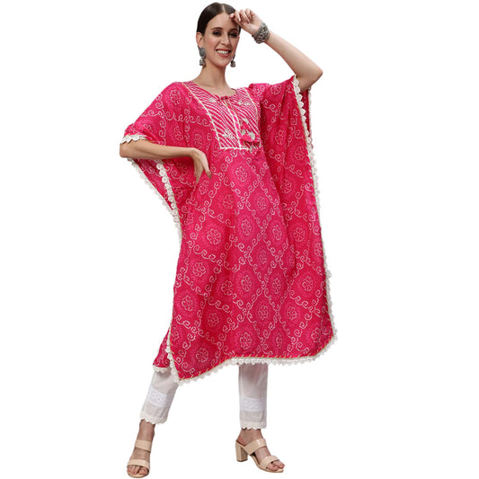 ishin Women's Cotton Blend Kaftan Embroidered Gotta Patti Bandhani print Pink Kurta suit set with Trouser