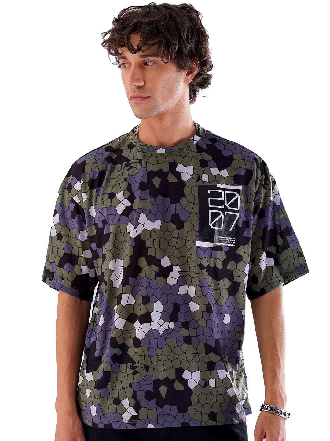 The Indian Garage Co Men Oversized Abstract Printed Round Neck Tshirt Olive
